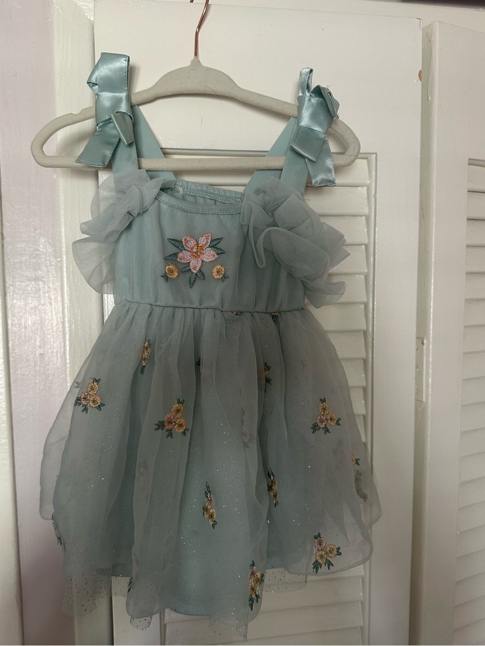 Girls Light Sage Floral Tulle Dress with Ribbon Straps
